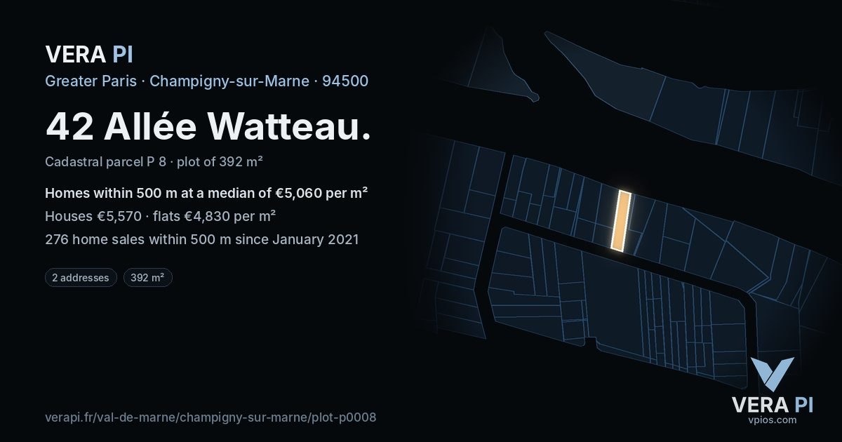 42 Allée Watteau, Champigny-sur-Marne at night – the plot lit, the parcels around coloured by the prices near them