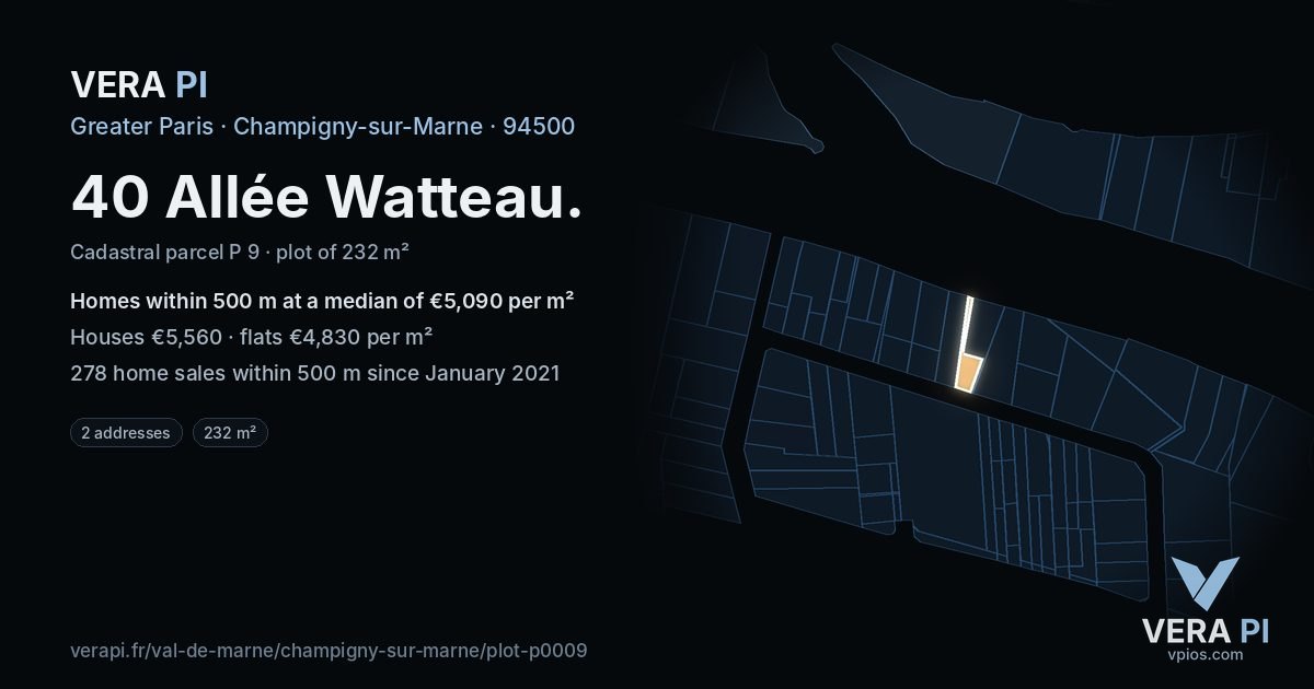 40 Allée Watteau, Champigny-sur-Marne at night – the plot lit, the parcels around coloured by the prices near them