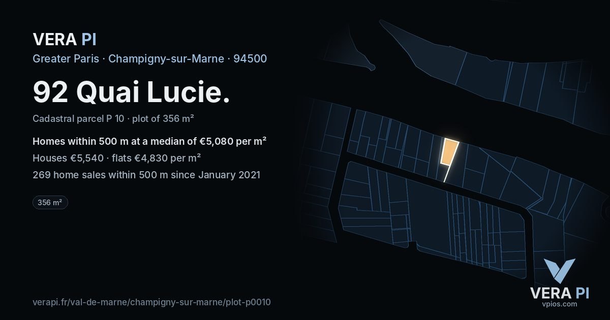 92 Quai Lucie, Champigny-sur-Marne at night – the plot lit, the parcels around coloured by the prices near them