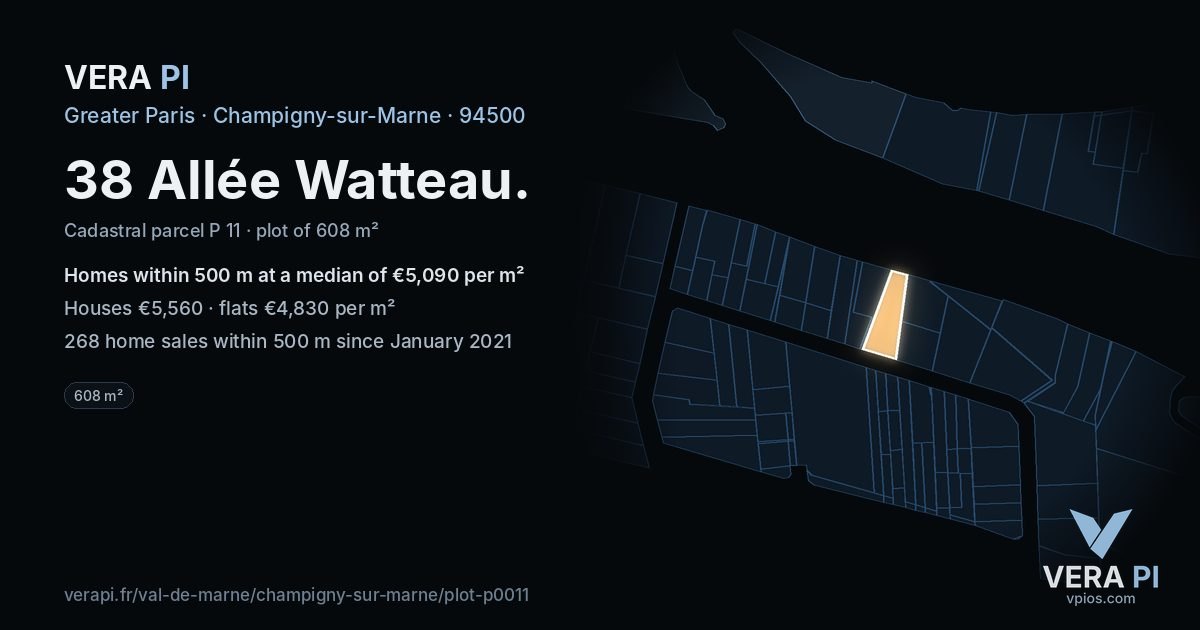 38 Allée Watteau, Champigny-sur-Marne at night – the plot lit, the parcels around coloured by the prices near them