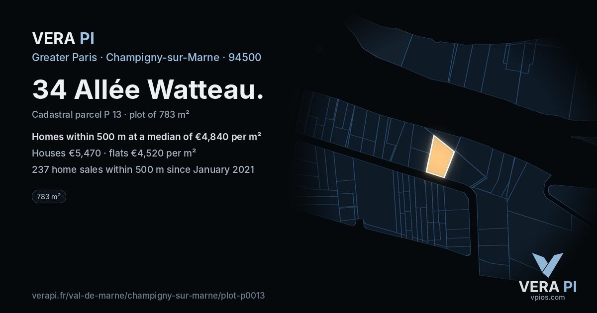 34 Allée Watteau, Champigny-sur-Marne at night – the plot lit, the parcels around coloured by the prices near them