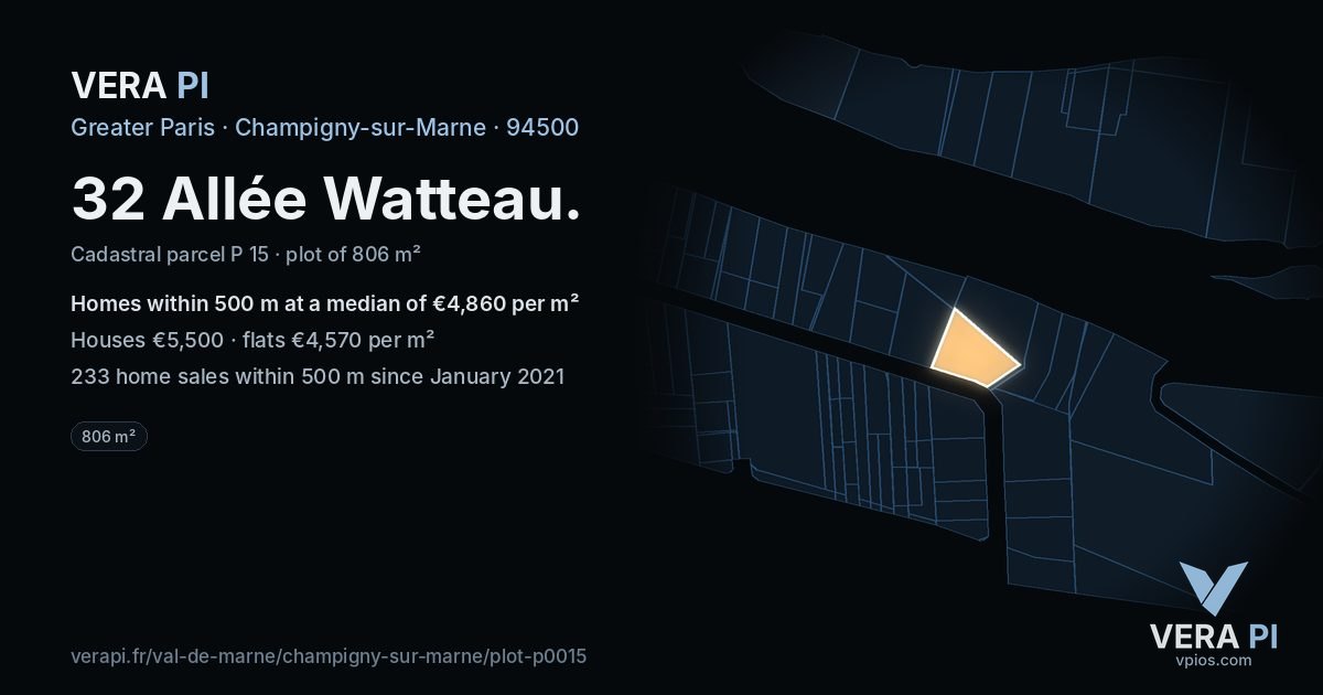 32 Allée Watteau, Champigny-sur-Marne at night – the plot lit, the parcels around coloured by the prices near them