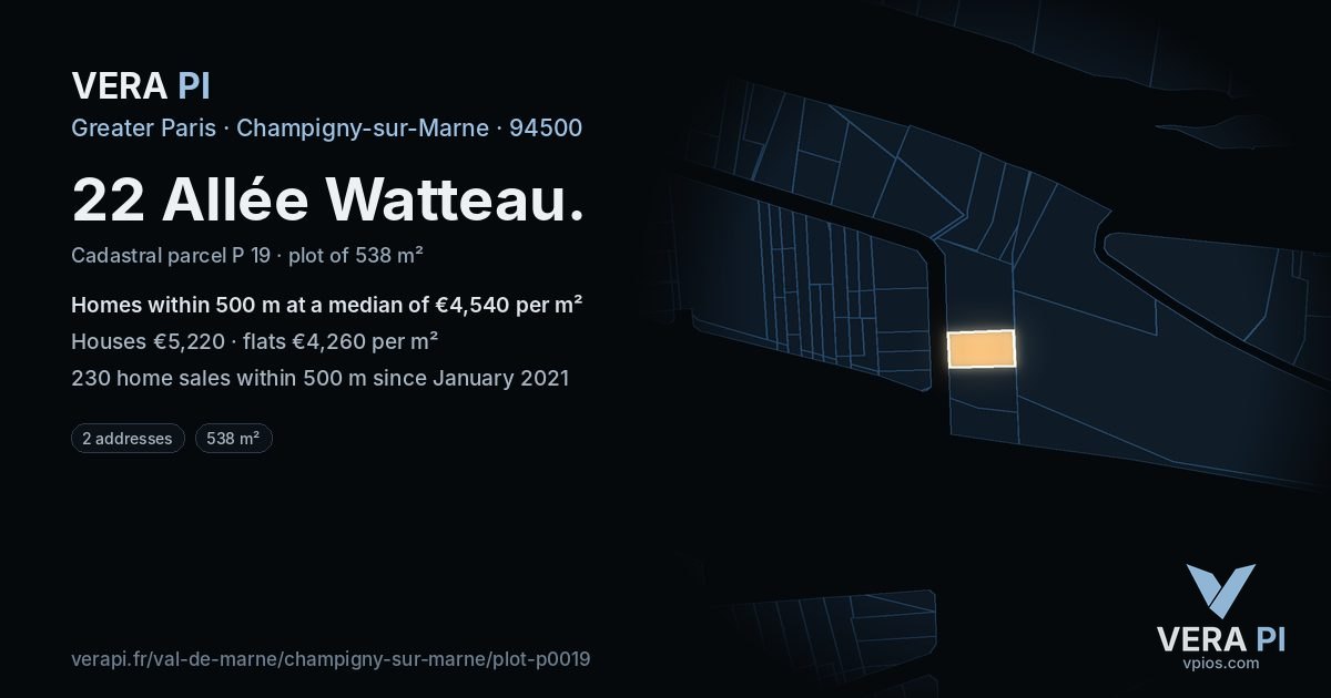 22 Allée Watteau, Champigny-sur-Marne at night – the plot lit, the parcels around coloured by the prices near them
