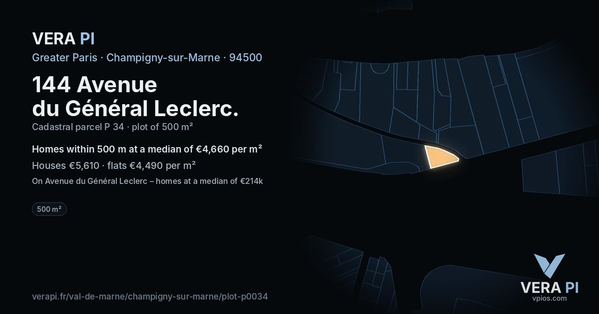 144 Avenue du Général Leclerc, Champigny-sur-Marne at night – the plot lit, the parcels around coloured by the prices near them