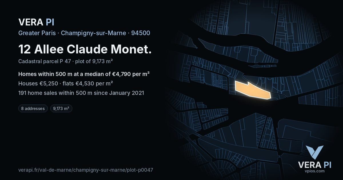 12 Allee Claude Monet, Champigny-sur-Marne at night – the plot lit, the parcels around coloured by the prices near them