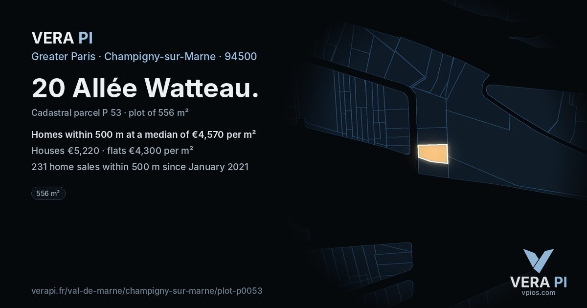 20 Allée Watteau, Champigny-sur-Marne at night – the plot lit, the parcels around coloured by the prices near them