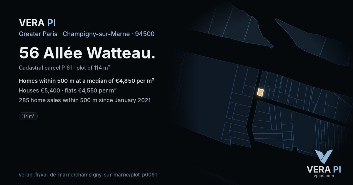 56 Allée Watteau, Champigny-sur-Marne at night – the plot lit, the parcels around coloured by the prices near them