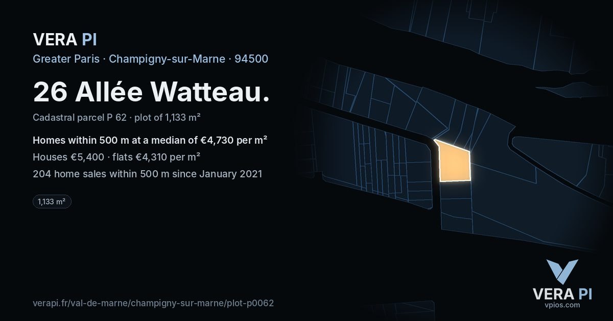 26 Allée Watteau, Champigny-sur-Marne at night – the plot lit, the parcels around coloured by the prices near them