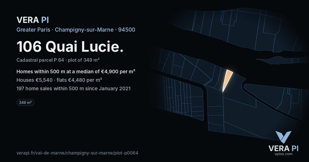 106 Quai Lucie, Champigny-sur-Marne at night – the plot lit, the parcels around coloured by the prices near them