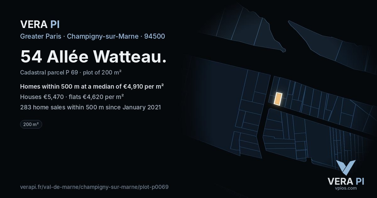 54 Allée Watteau, Champigny-sur-Marne at night – the plot lit, the parcels around coloured by the prices near them