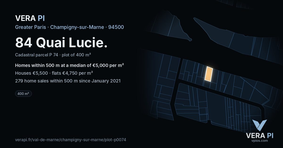 84 Quai Lucie, Champigny-sur-Marne at night – the plot lit, the parcels around coloured by the prices near them
