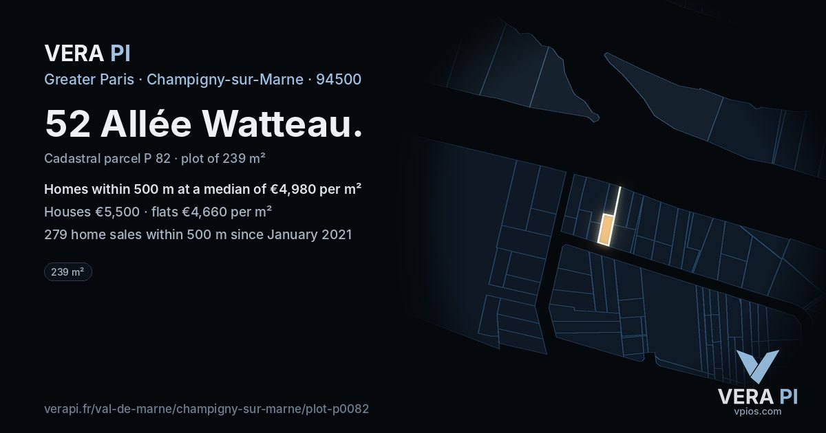 52 Allée Watteau, Champigny-sur-Marne at night – the plot lit, the parcels around coloured by the prices near them