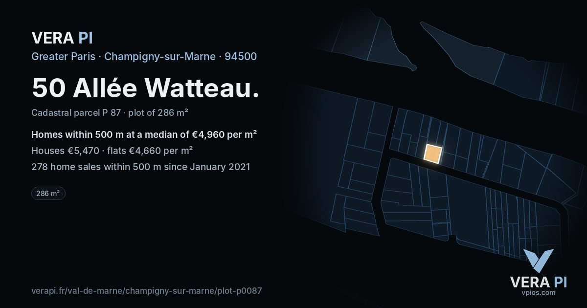 50 Allée Watteau, Champigny-sur-Marne at night – the plot lit, the parcels around coloured by the prices near them