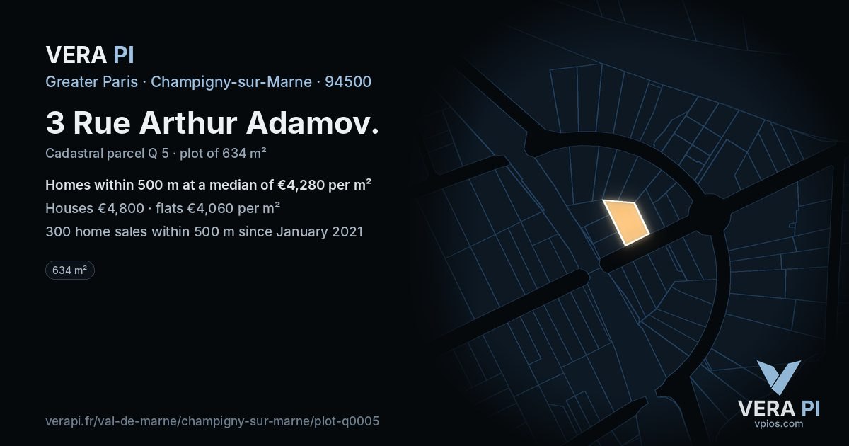 3 Rue Arthur Adamov, Champigny-sur-Marne at night – the plot lit, the parcels around coloured by the prices near them