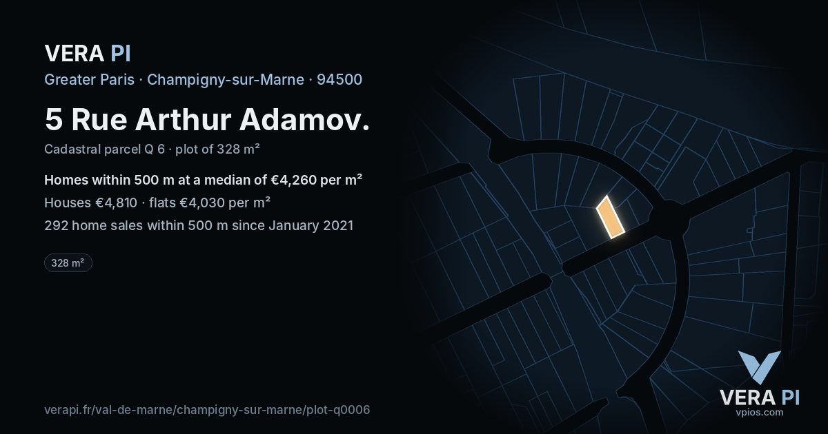 5 Rue Arthur Adamov, Champigny-sur-Marne at night – the plot lit, the parcels around coloured by the prices near them