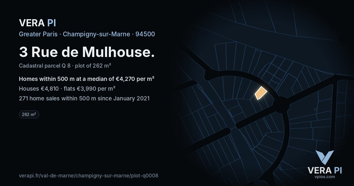 3 Rue de Mulhouse, Champigny-sur-Marne at night – the plot lit, the parcels around coloured by the prices near them
