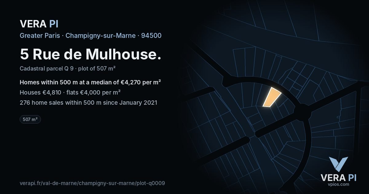 5 Rue de Mulhouse, Champigny-sur-Marne at night – the plot lit, the parcels around coloured by the prices near them