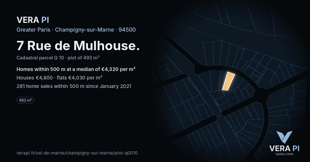7 Rue de Mulhouse, Champigny-sur-Marne at night – the plot lit, the parcels around coloured by the prices near them
