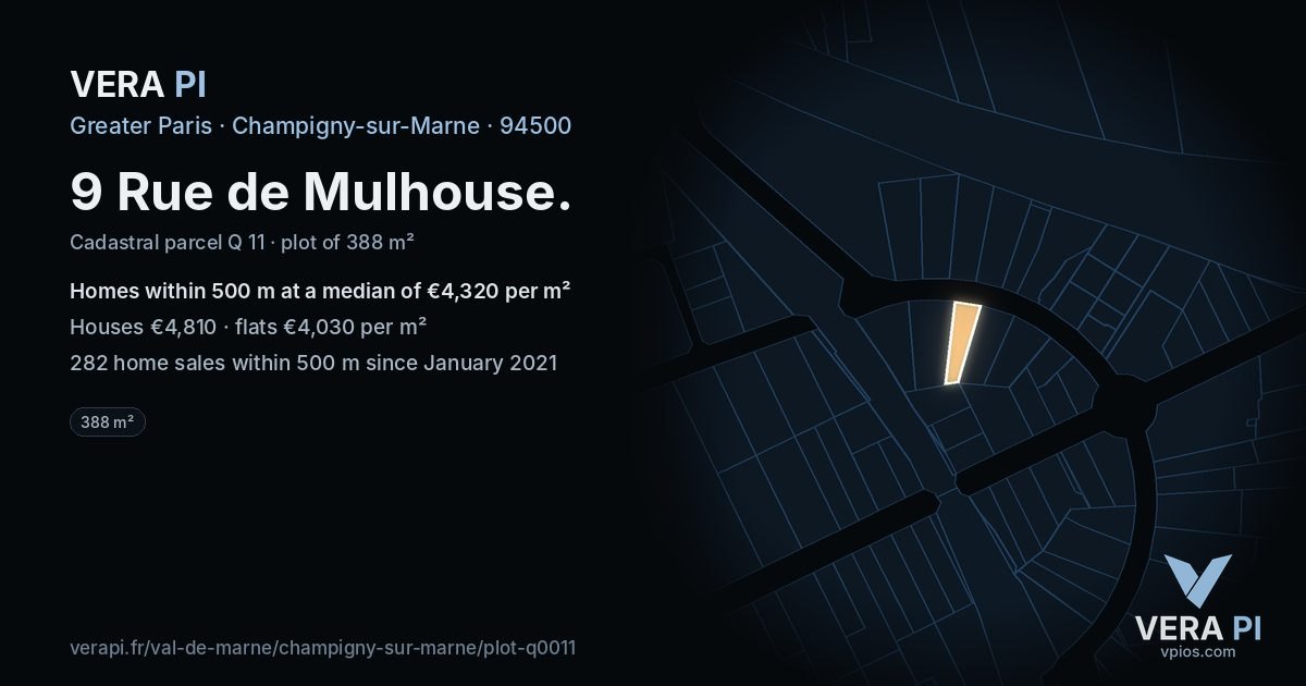 9 Rue de Mulhouse, Champigny-sur-Marne at night – the plot lit, the parcels around coloured by the prices near them