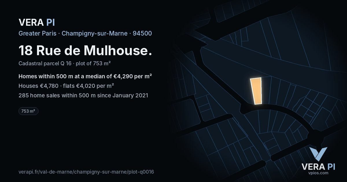 18 Rue de Mulhouse, Champigny-sur-Marne at night – the plot lit, the parcels around coloured by the prices near them