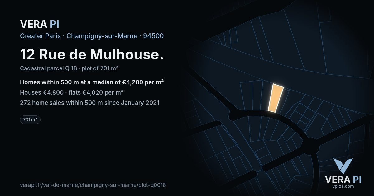 12 Rue de Mulhouse, Champigny-sur-Marne at night – the plot lit, the parcels around coloured by the prices near them