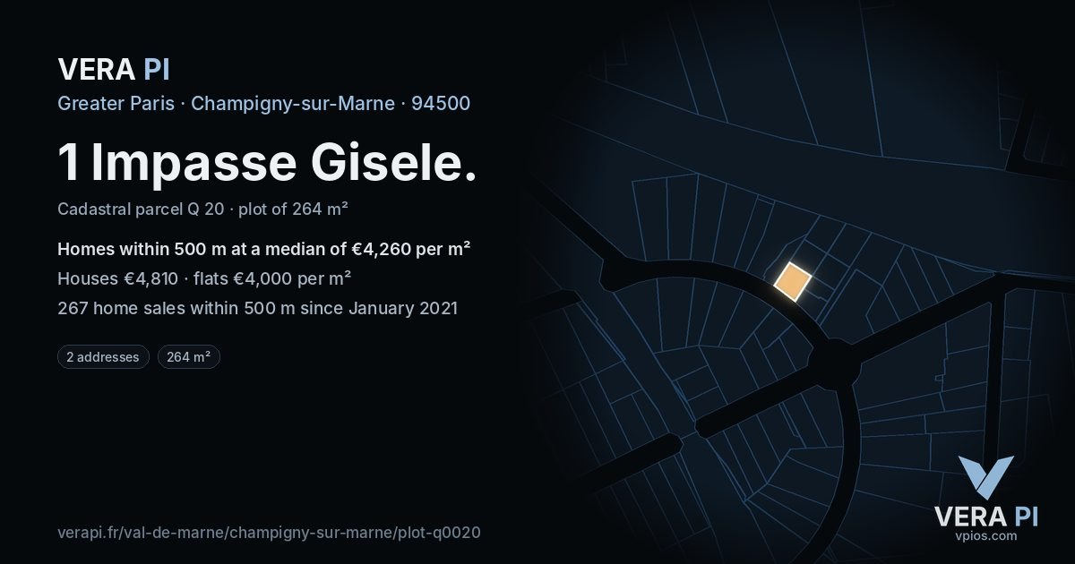 1 Impasse Gisele, Champigny-sur-Marne at night – the plot lit, the parcels around coloured by the prices near them