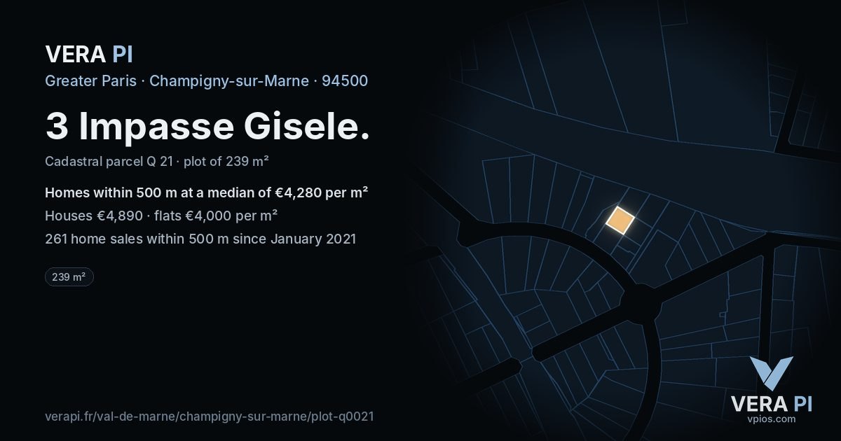 3 Impasse Gisele, Champigny-sur-Marne at night – the plot lit, the parcels around coloured by the prices near them
