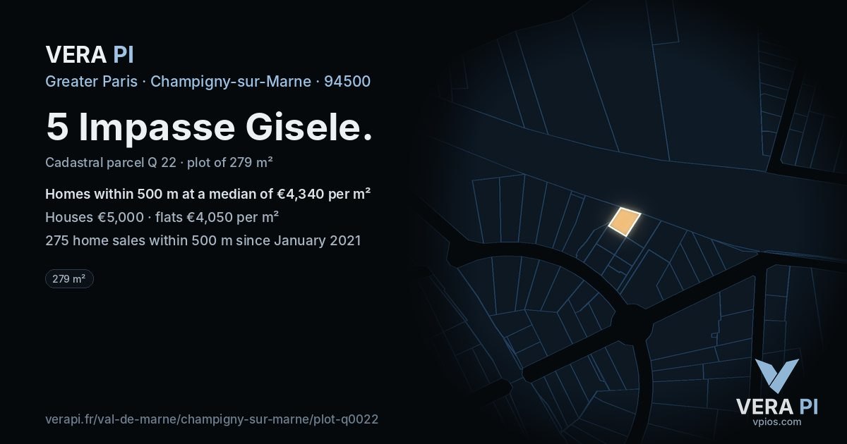 5 Impasse Gisele, Champigny-sur-Marne at night – the plot lit, the parcels around coloured by the prices near them