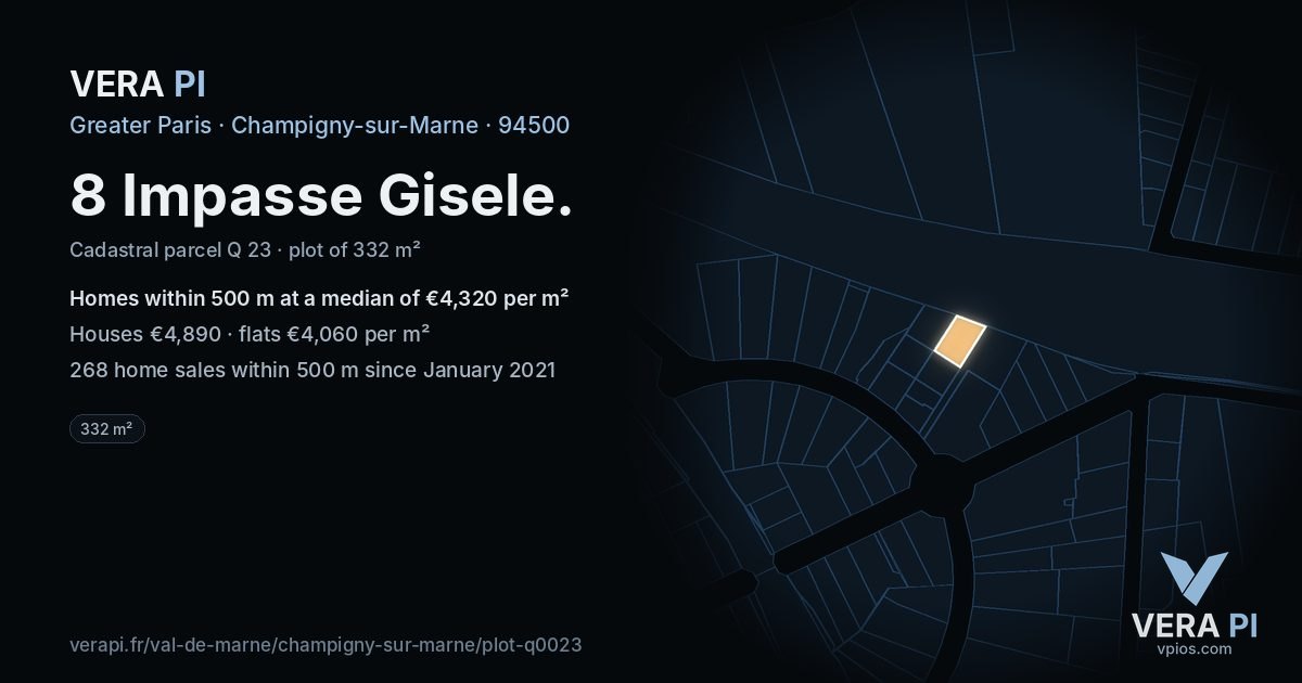 8 Impasse Gisele, Champigny-sur-Marne at night – the plot lit, the parcels around coloured by the prices near them