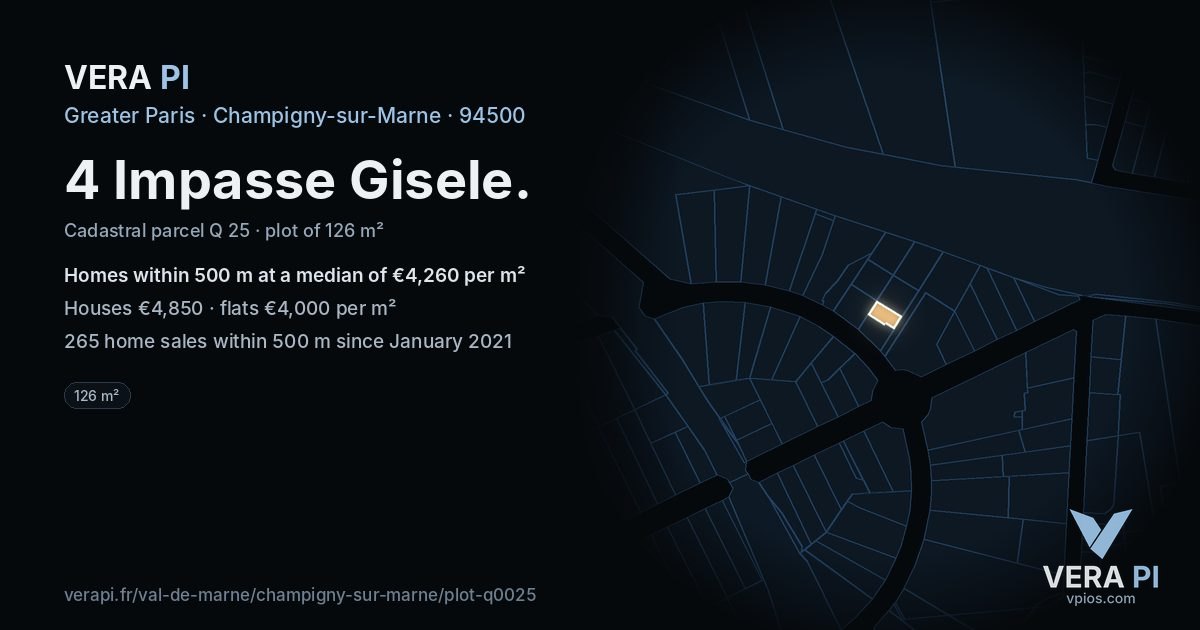 4 Impasse Gisele, Champigny-sur-Marne at night – the plot lit, the parcels around coloured by the prices near them