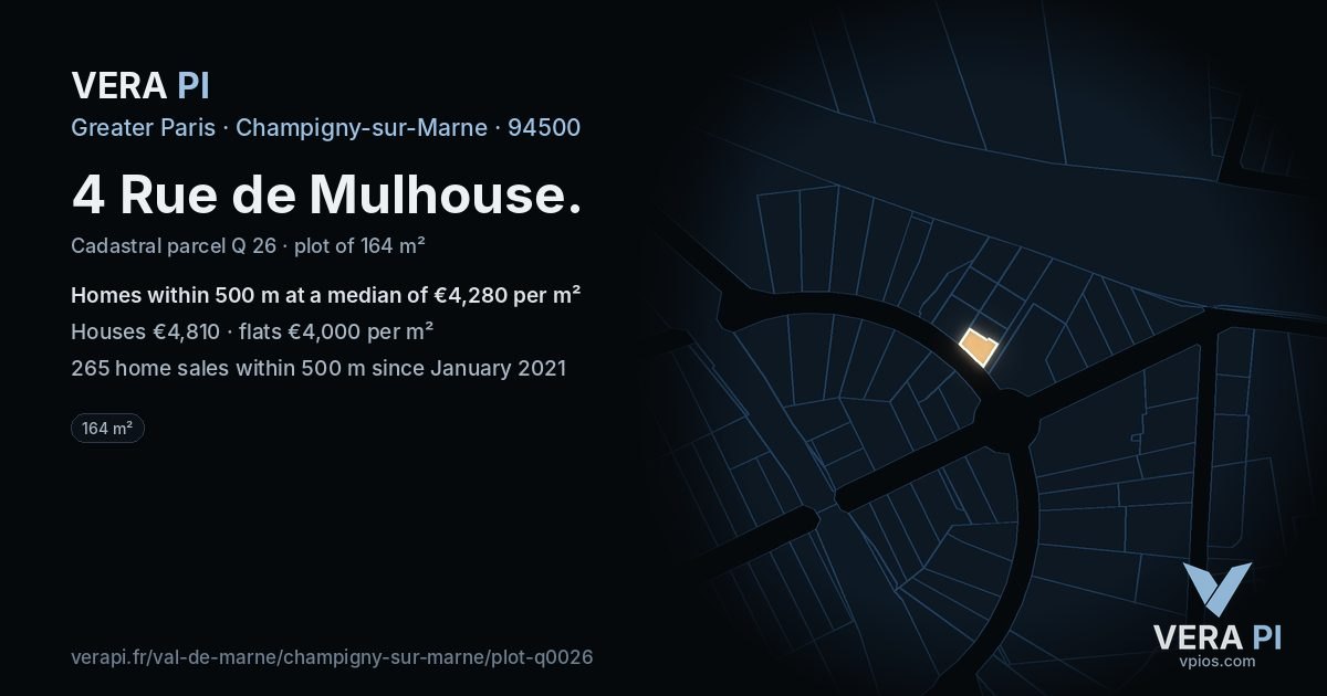 4 Rue de Mulhouse, Champigny-sur-Marne at night – the plot lit, the parcels around coloured by the prices near them