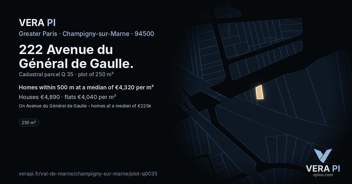 222 Avenue du Général de Gaulle, Champigny-sur-Marne at night – the plot lit, the parcels around coloured by the prices near them