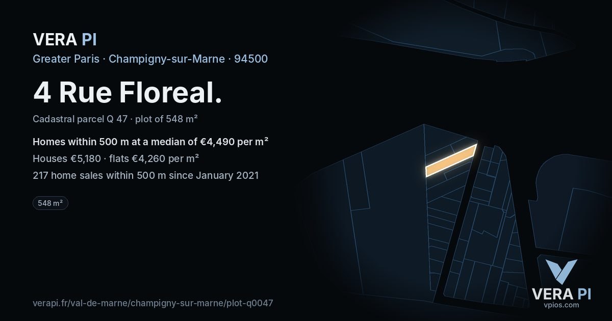 4 Rue Floreal, Champigny-sur-Marne at night – the plot lit, the parcels around coloured by the prices near them