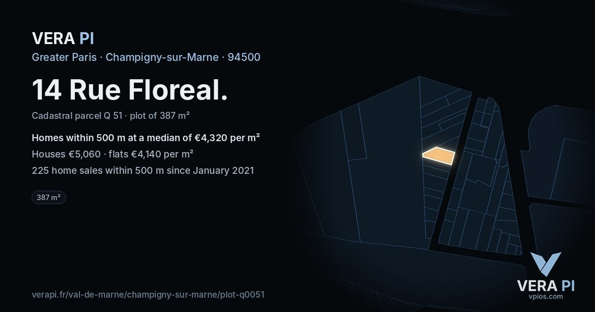 14 Rue Floreal, Champigny-sur-Marne at night – the plot lit, the parcels around coloured by the prices near them