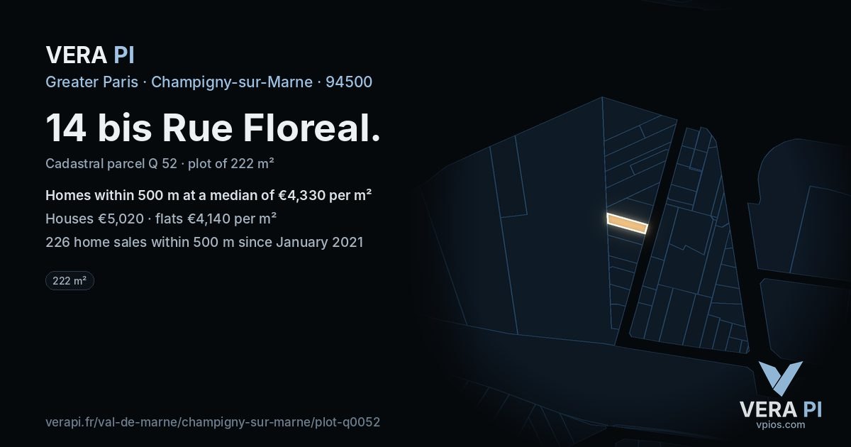 14 bis Rue Floreal, Champigny-sur-Marne at night – the plot lit, the parcels around coloured by the prices near them