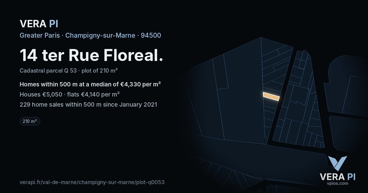 14 ter Rue Floreal, Champigny-sur-Marne at night – the plot lit, the parcels around coloured by the prices near them