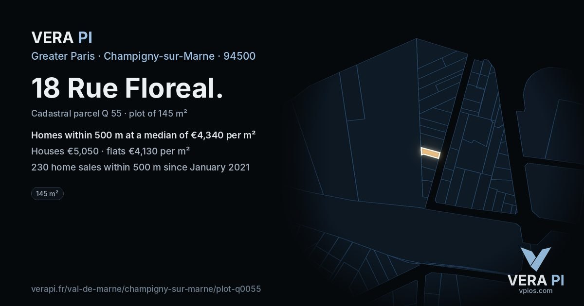 18 Rue Floreal, Champigny-sur-Marne at night – the plot lit, the parcels around coloured by the prices near them