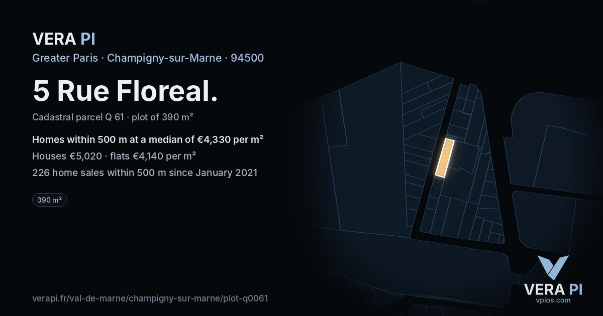 5 Rue Floreal, Champigny-sur-Marne at night – the plot lit, the parcels around coloured by the prices near them