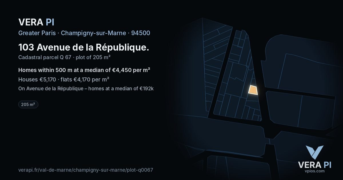 103 Avenue de la République, Champigny-sur-Marne at night – the plot lit, the parcels around coloured by the prices near them