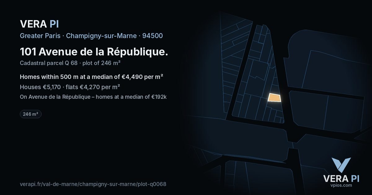 101 Avenue de la République, Champigny-sur-Marne at night – the plot lit, the parcels around coloured by the prices near them