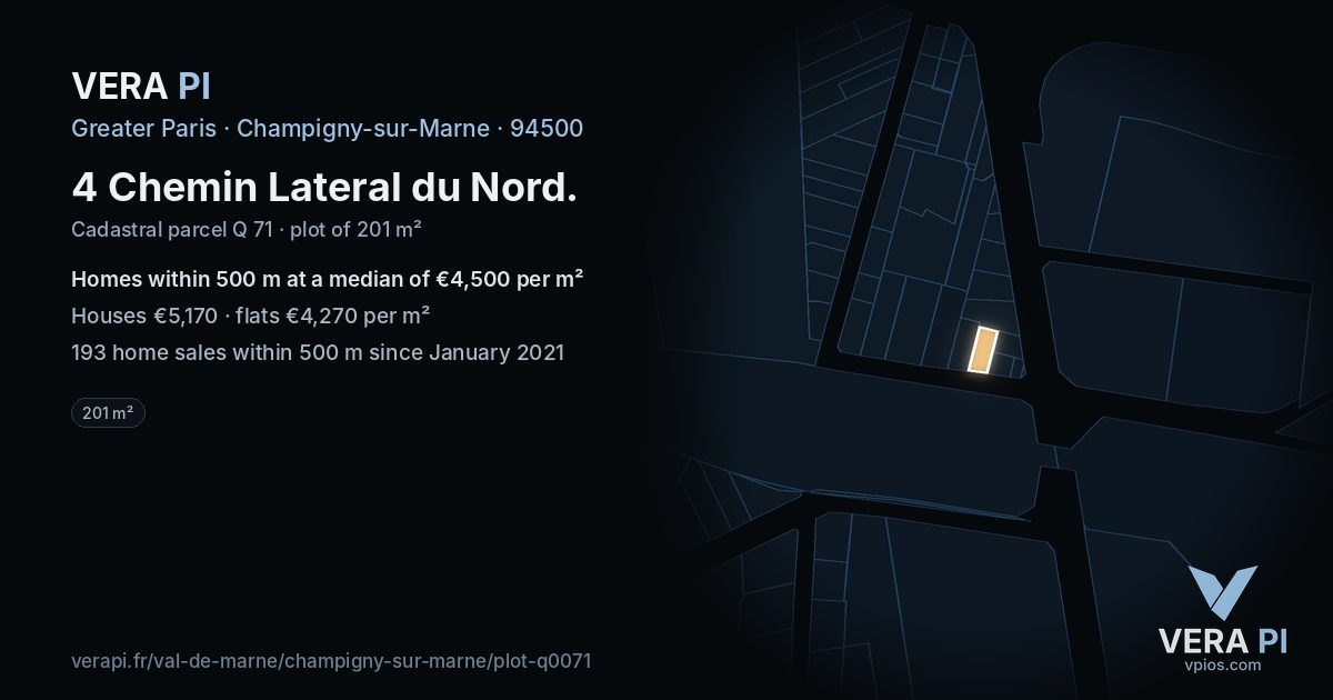 4 Chemin Lateral du Nord, Champigny-sur-Marne at night – the plot lit, the parcels around coloured by the prices near them