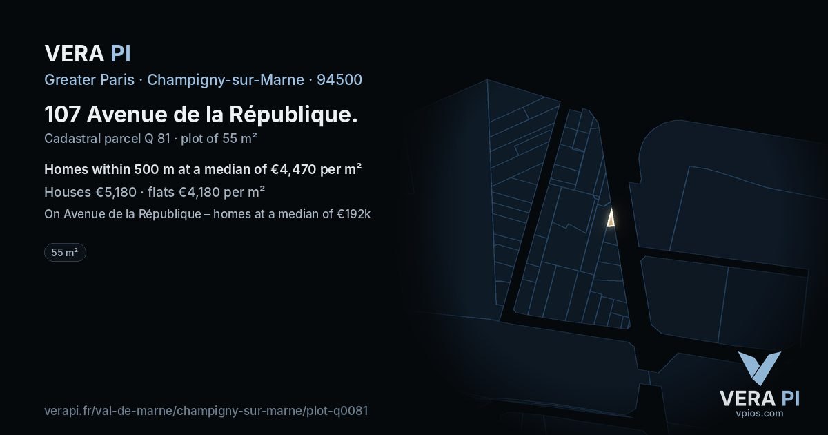 107 Avenue de la République, Champigny-sur-Marne at night – the plot lit, the parcels around coloured by the prices near them
