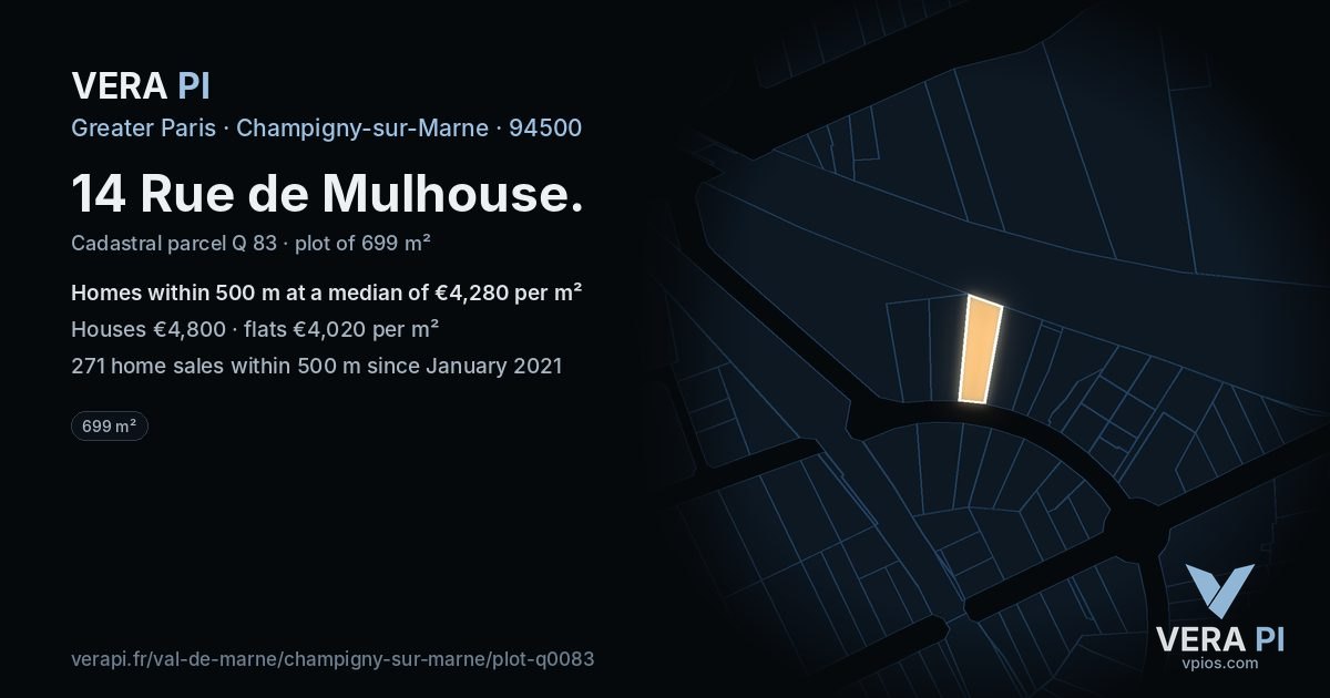 14 Rue de Mulhouse, Champigny-sur-Marne at night – the plot lit, the parcels around coloured by the prices near them