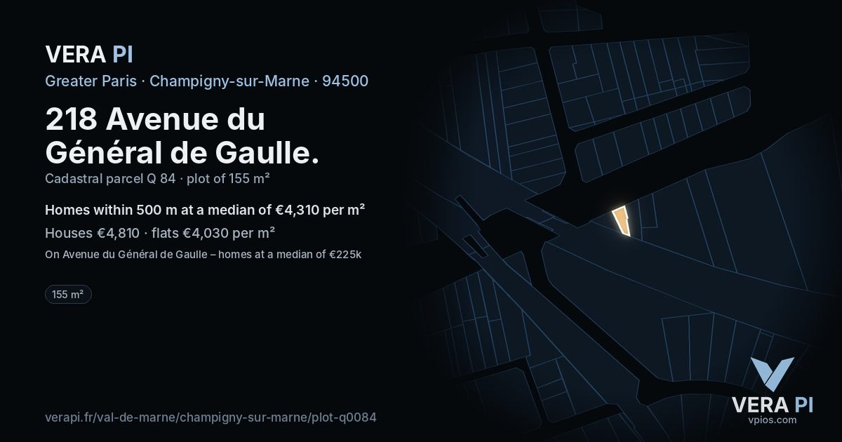 218 Avenue du Général de Gaulle, Champigny-sur-Marne at night – the plot lit, the parcels around coloured by the prices near them
