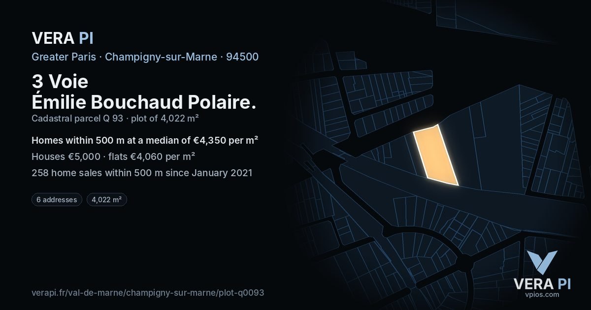 3 Voie Émilie Bouchaud Polaire, Champigny-sur-Marne at night – the plot lit, the parcels around coloured by the prices near them