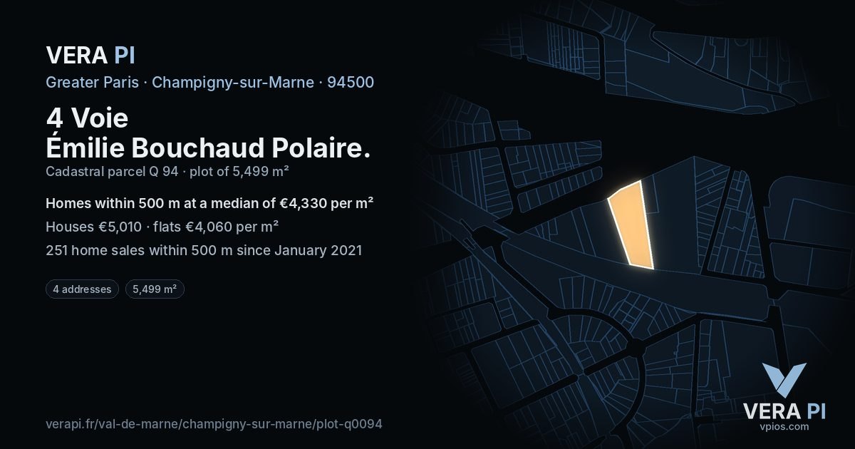4 Voie Émilie Bouchaud Polaire, Champigny-sur-Marne at night – the plot lit, the parcels around coloured by the prices near them