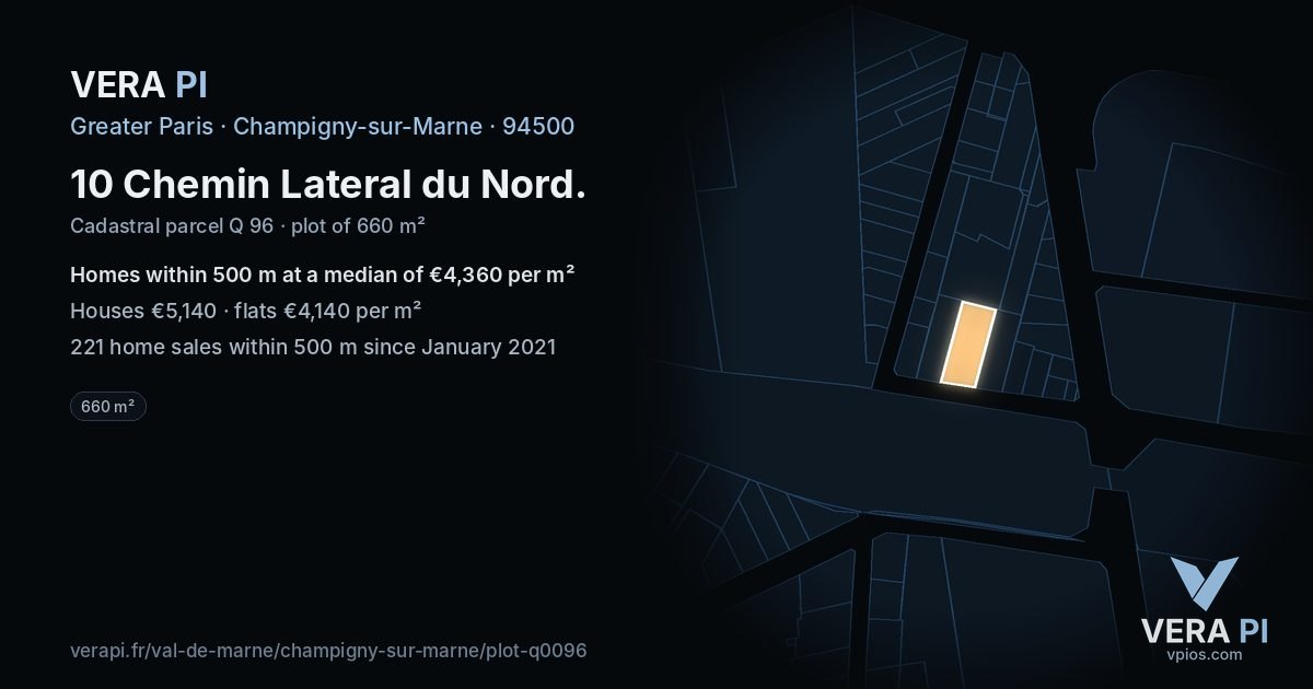 10 Chemin Lateral du Nord, Champigny-sur-Marne at night – the plot lit, the parcels around coloured by the prices near them