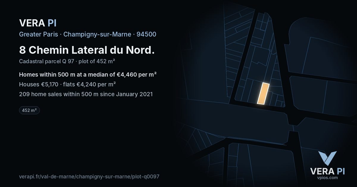 8 Chemin Lateral du Nord, Champigny-sur-Marne at night – the plot lit, the parcels around coloured by the prices near them