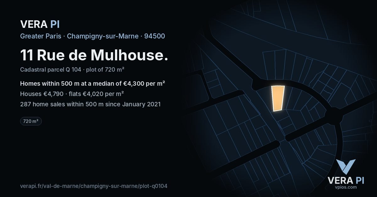 11 Rue de Mulhouse, Champigny-sur-Marne at night – the plot lit, the parcels around coloured by the prices near them