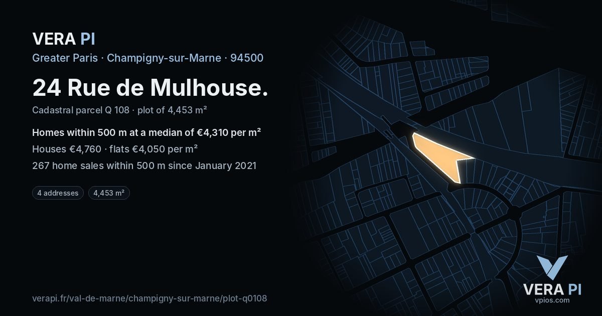 24 Rue de Mulhouse, Champigny-sur-Marne at night – the plot lit, the parcels around coloured by the prices near them